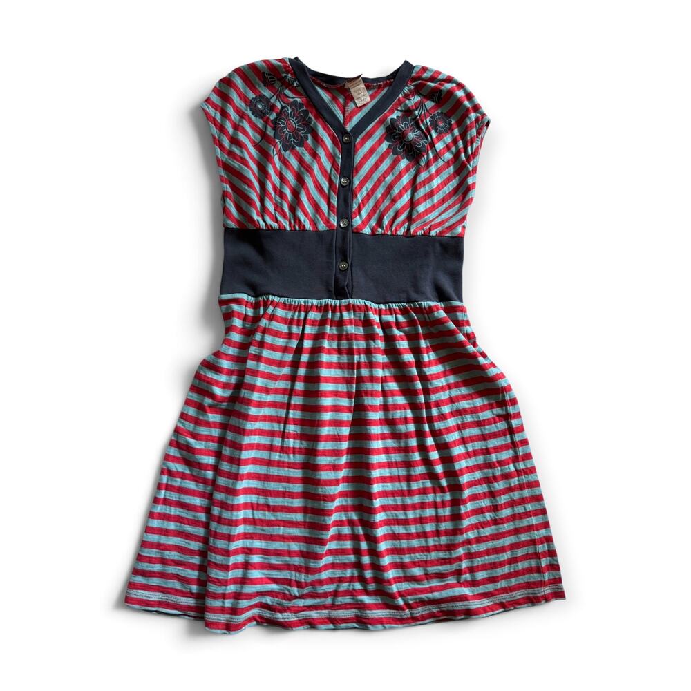 Tea Collection red & blue striped dress with navy flowers, waist & trim